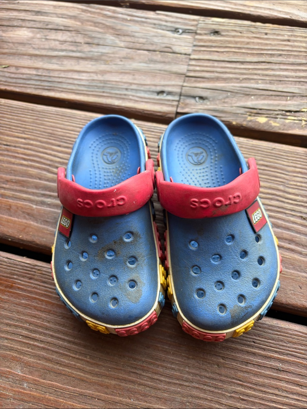 CROCS Kids Blue Clogs with Red Strap and Multicolor LEGO Accents